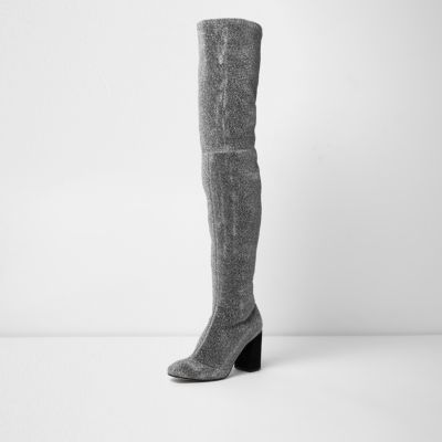 Silver glitter over-the-knee stretch boots